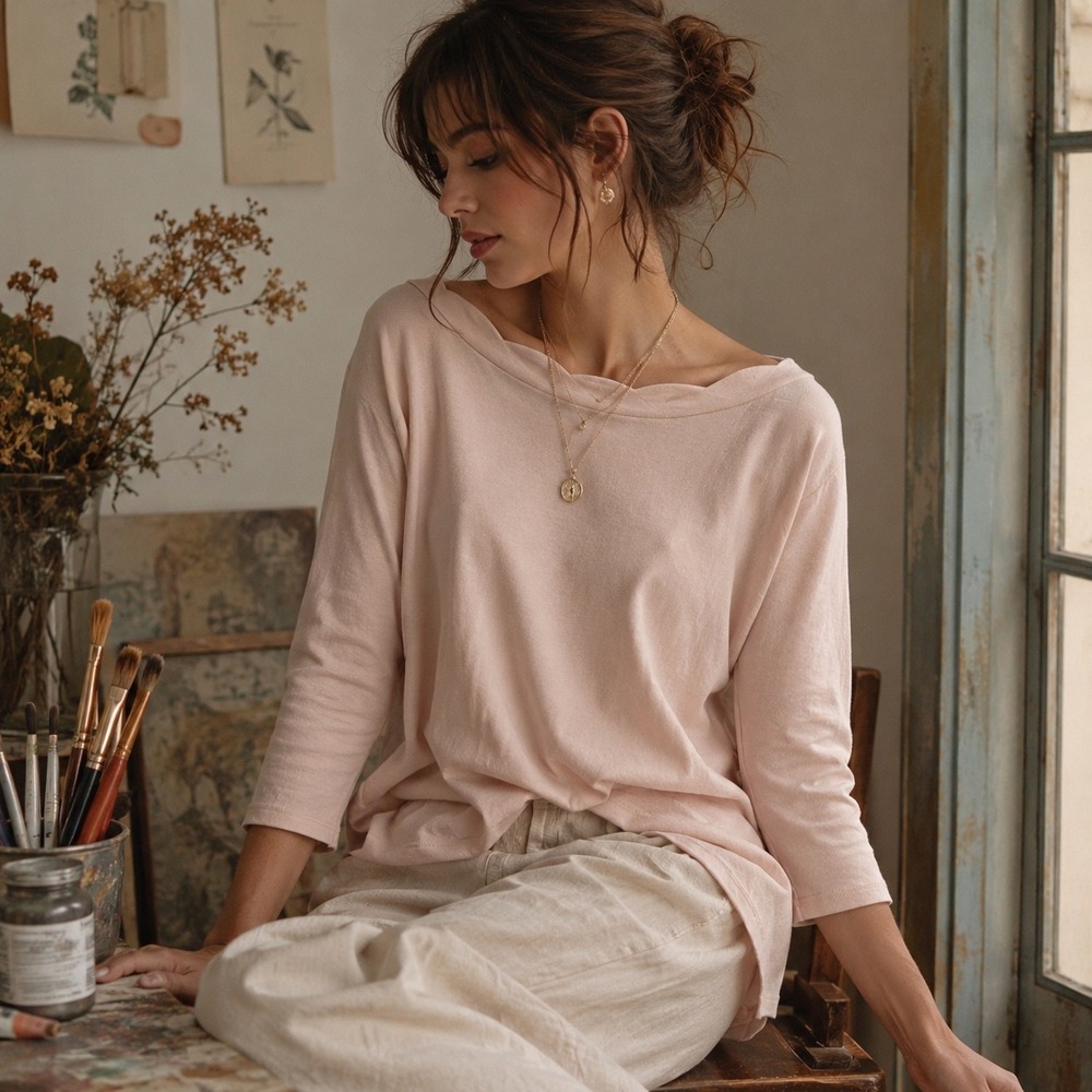 Womens Scalloped Boat Neck‎ Top Pale Pink 3/4 Sleeve Jersey Knit XL Blouse